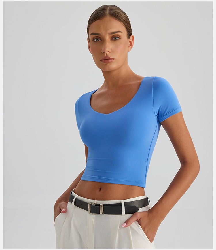 双层面料高弹修身露脐上衣